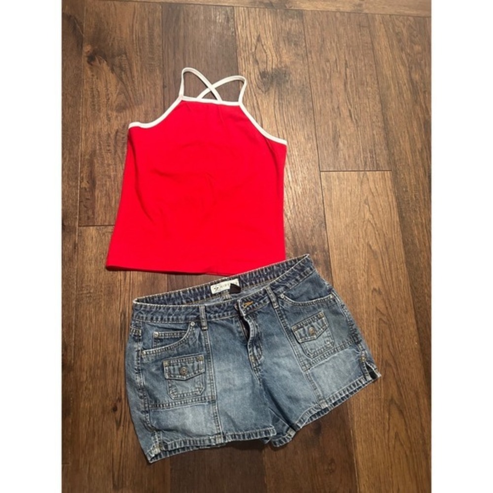 Y2K Ellemenno Red White Trim Cross Back Stretch Tank Top Camisole juniors Large